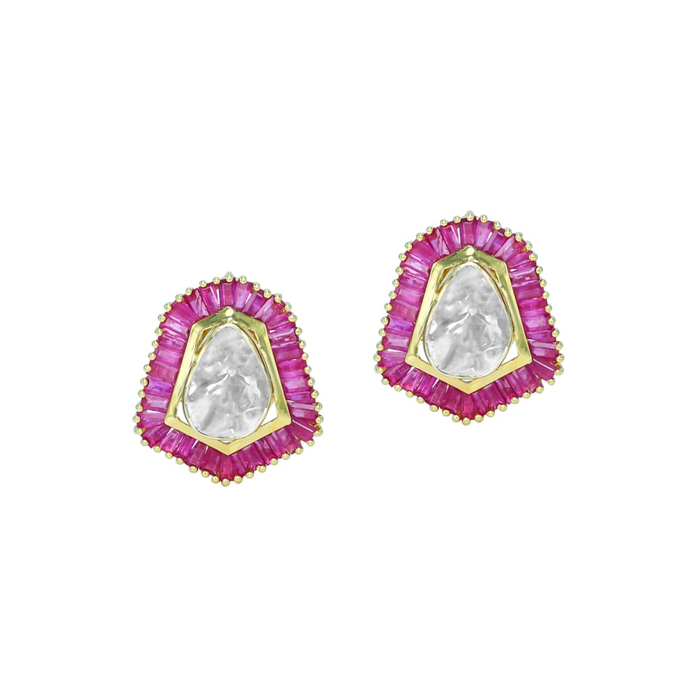 Geometric Polki Stud Earrings with Ruby Baguette Halo